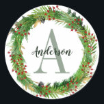 Classic Elegant Christmas Wreath Monogram Initial Classic Round Sticker<br><div class="desc">The design features a hand drawn Christmas wreath,  you monogram initial and name.</div>