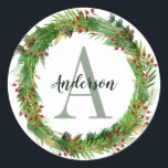 Classic Elegant Christmas Wreath Monogram Initial Round Sticker<br><div class="desc">The design features a hand drawn Christmas wreath,  you monogram initial and name.</div>