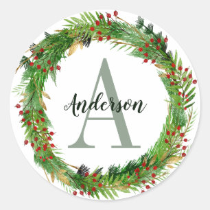 Classic Elegant Christmas Wreath Monogram Initial Round Sticker