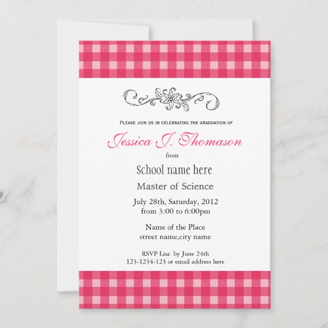 Classic, elegant country pink plaids graduation invitation (Front)