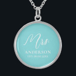 classic elegant custom chic turquoise Necklace<br><div class="desc">The design shows an elegant minimalist necklace in white and turquoise. A beautiful unique "mrs" text in whimsical calligraphy at the top and a customizable surname and date at the bottom. The design is extremely unique and classic and will be an elegant item to give any bride or newlywed as...</div>