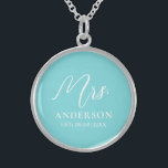 classic elegant custom chic turquoise Necklace<br><div class="desc">The design shows an elegant minimalist necklace in white and turquoise. A beautiful unique "mrs" text in whimsical calligraphy at the top and a customizable surname and date at the bottom. The design is extremely unique and classic and will be an elegant item to give any bride or newlywed as...</div>