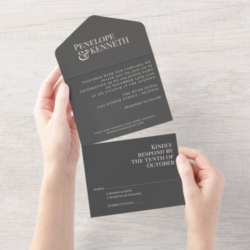 Classic Elegant Dark Gray Typography Wedding All In One Invitation