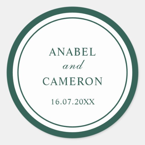 Classic Elegant Dark Green Frame Wedding Round Sticker