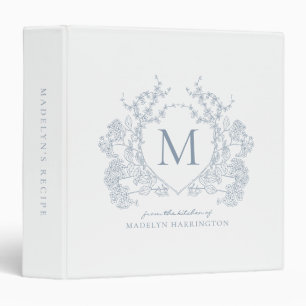 Classic Elegant Dusty Blue Crest Monogram Recipe 3 Ring Binder