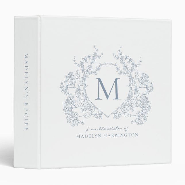 Classic Elegant Dusty Blue Crest Monogram Recipe 3 Ring Binder (Front/Spine)