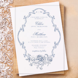 Classic Elegant Dusty Blue Floral Frame Wedding Acrylic Invitations