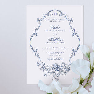 Classic Elegant Dusty Blue Floral Frame Wedding Invitation