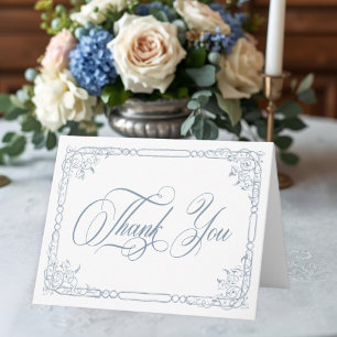 Classic Elegant Dusty Blue Floral Frame Wedding Letterpress Thank You Card