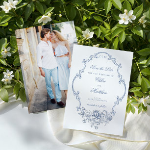 Classic Elegant Dusty Blue Floral Frame Wedding Save The Date