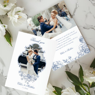 Classic Elegant Dusty Blue Floral Frame Wedding Thank You Card