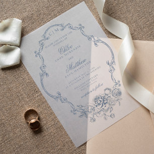 Classic Elegant Dusty Blue Floral Frame Wedding Vellum Invitations