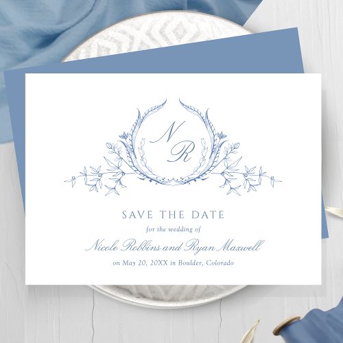 Classic Elegant Dusty Blue Monogram Wedding Save The Date
