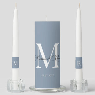 Classic Elegant Dusty Blue Monogram Wedding Unity Candle Set