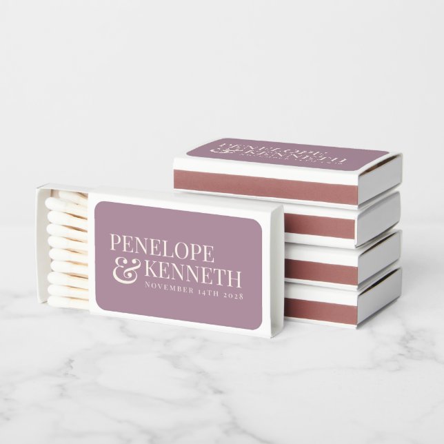 Classic Elegant Dusty Purple Custom Wedding Names Matchboxes (Stacked)