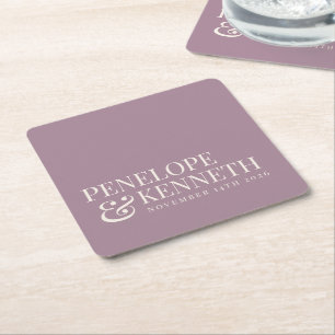 Classic Elegant Dusty Purple Custom Wedding Names Square Paper Coaster