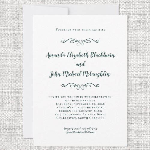 Classic Elegant Emerald Green White Formal Wedding Invitation