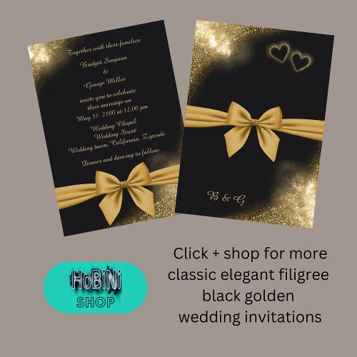 classic elegant filigree  black golden wedding invitation