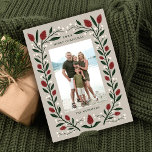 Classic Elegant Floral Frame Christmas Photo Holiday Card<br><div class="desc">This gorgeous holiday photo card conjures up all the cozy Christmas feelings, boasting a hand drawn floral frame in traditional Christmas colors of deep green, burgundy red, and ivory over a custom color background (shown in sand beige). The back of the card contains more text templates for a personalized message,...</div>