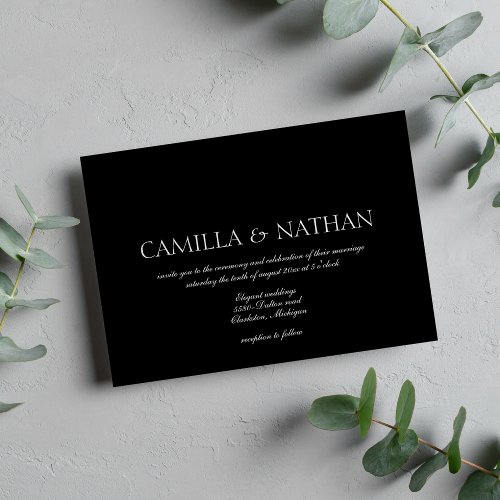 Classic elegant formal black white script wedding invitation