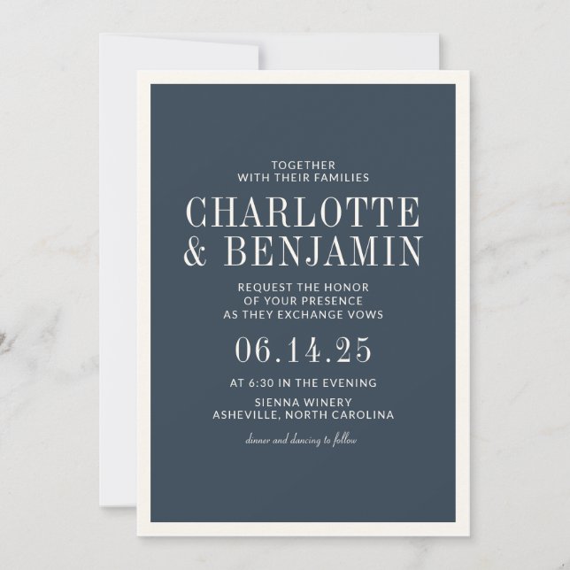 Classic Elegant Formal Blue Border Frame Wedding Invitation (Front)