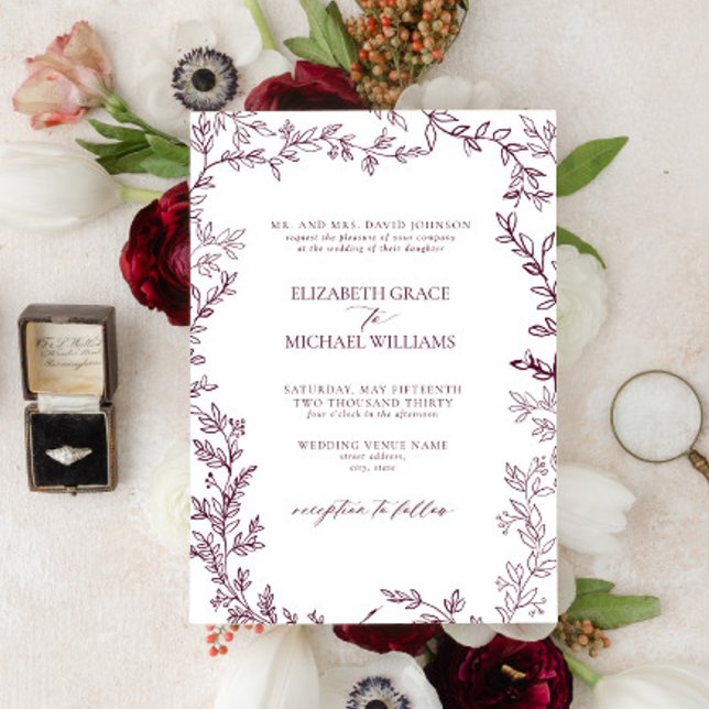 Classic Elegant Formal Burgundy Leafy Wedding Invitation (Creator Uploaded)