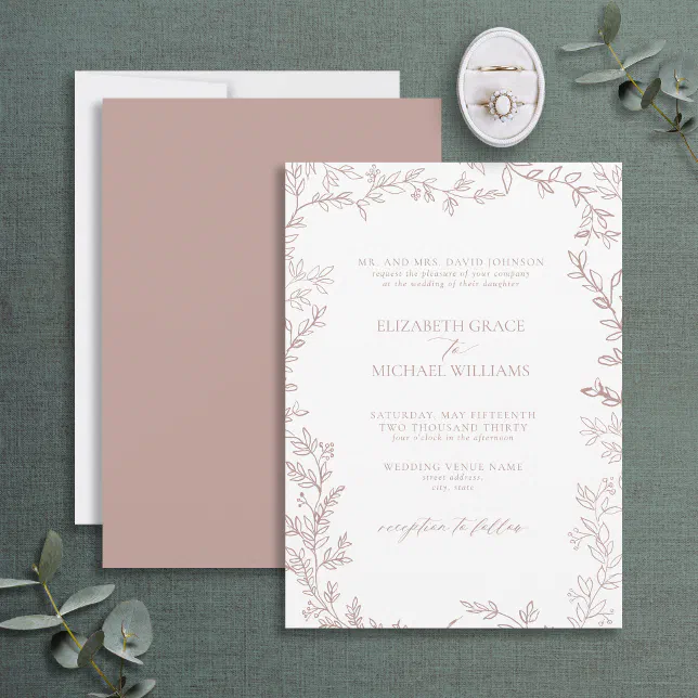 Classic Elegant Formal Dusty Rose Leafy Wedding Invitation | Zazzle