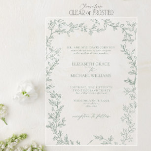 Classic Elegant Formal Sage Green Leafy Wedding Acrylic Invitations
