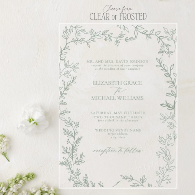 Classic Elegant Formal Sage Green Leafy Wedding Acrylic Invitations (Creator Uploaded)