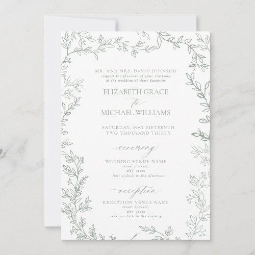 Classic Elegant Formal Sage Green Leafy Wedding Invitation