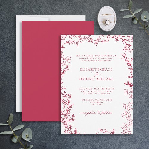 Classic Elegant Formal Vivid Magenta Leafy Wedding Invitation
