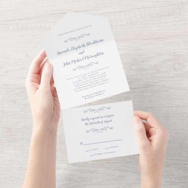 Classic Elegant Formal Wedding Dusty Blue Budget All In One Invitation (Tearaway)