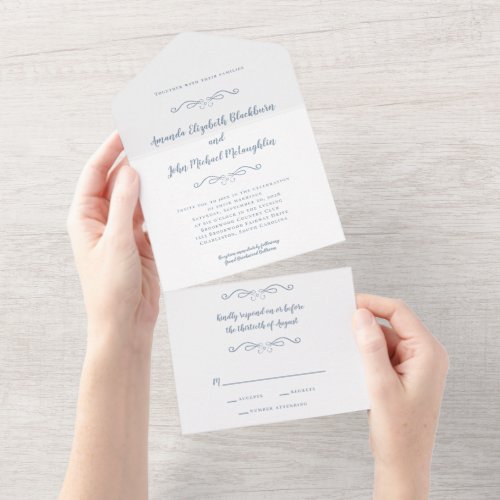 Classic Elegant Formal Wedding Dusty Blue Budget All In One Invitation