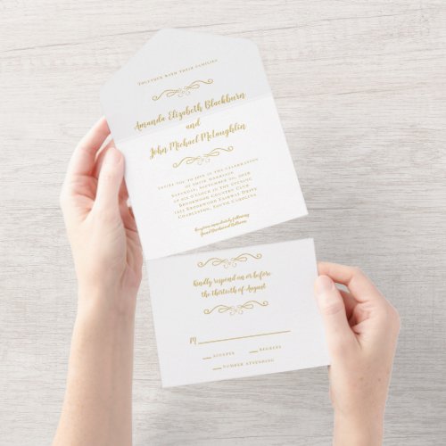 Classic Elegant Formal Wedding Gold White Budget All In One Invitation