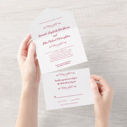 Classic Elegant Formal Wedding Magenta Red Budget All In One Invitation