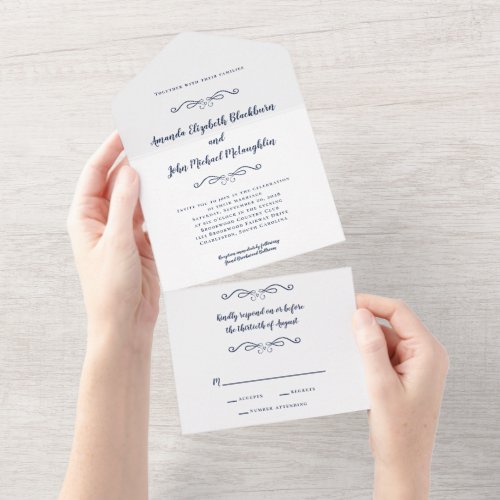 Classic Elegant Formal Wedding Navy Blue Budget All In One Invitation