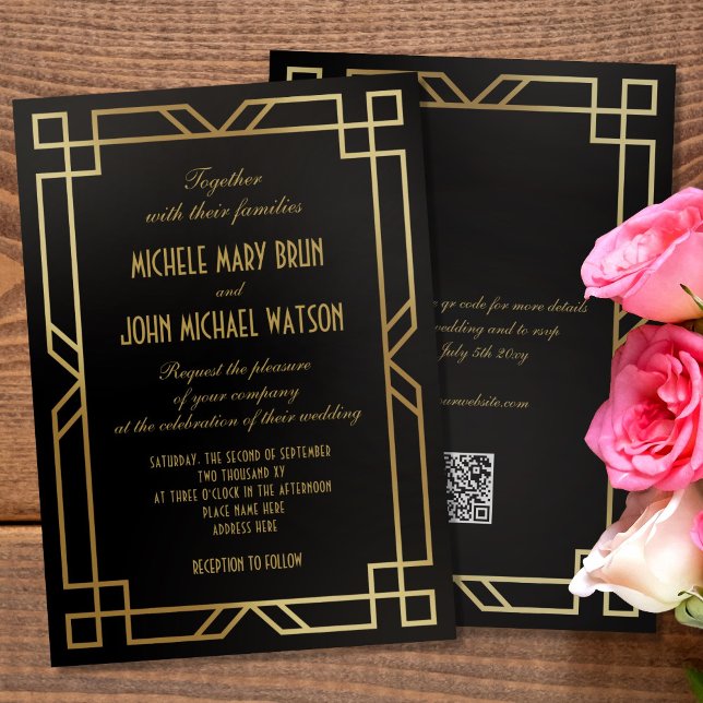 Classic Elegant Gold Black QR RSVP Wedding Invitation (Creator Uploaded)
