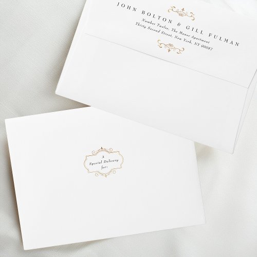 classic elegant gold crest return address wedding envelope