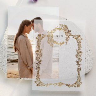 Classic Elegant Gold Crest Wreath Wedding Overlay Vellum Invitations