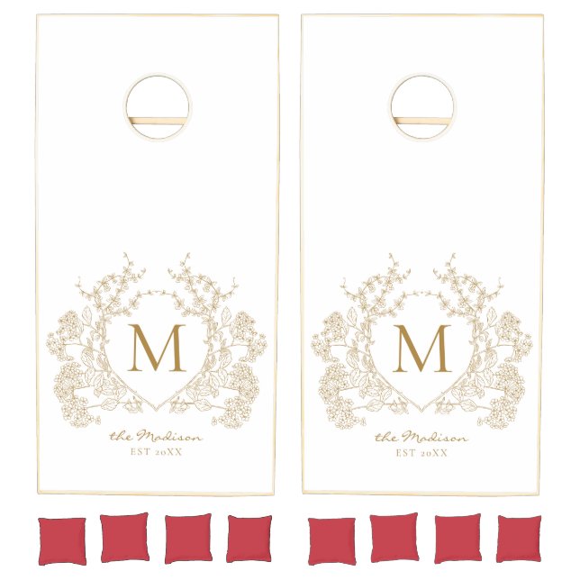 Classic Elegant Gold Floral Crest Monogram Cornhole Set (Set)