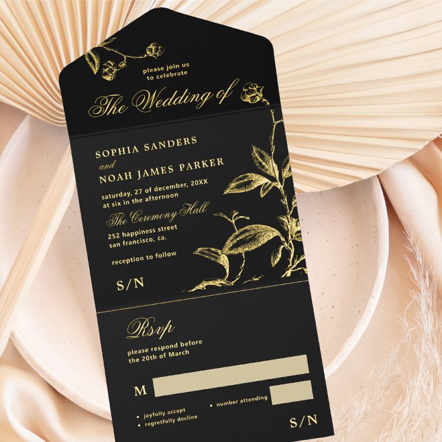 Classic elegant gold foil black wedding RSVP All In One Invitation (Creator Uploaded)