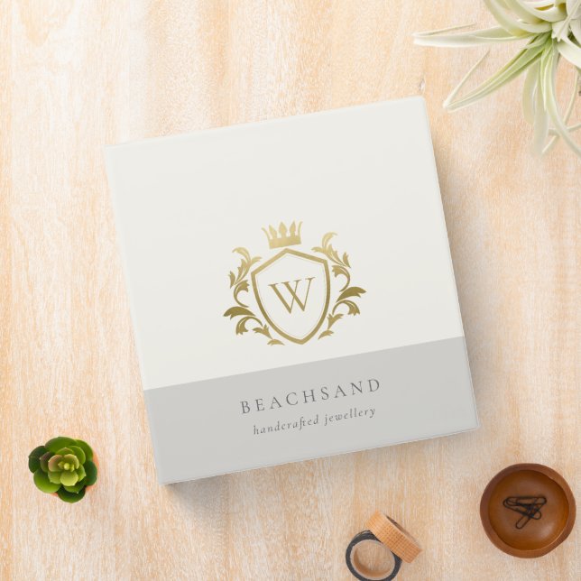 Classic Elegant Gold Monogram Floral Crown Crest 3 Ring Binder (In Situ)