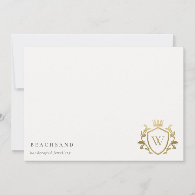 Classic Elegant Gold Monogram Floral Crown Crest Note Card (Front)
