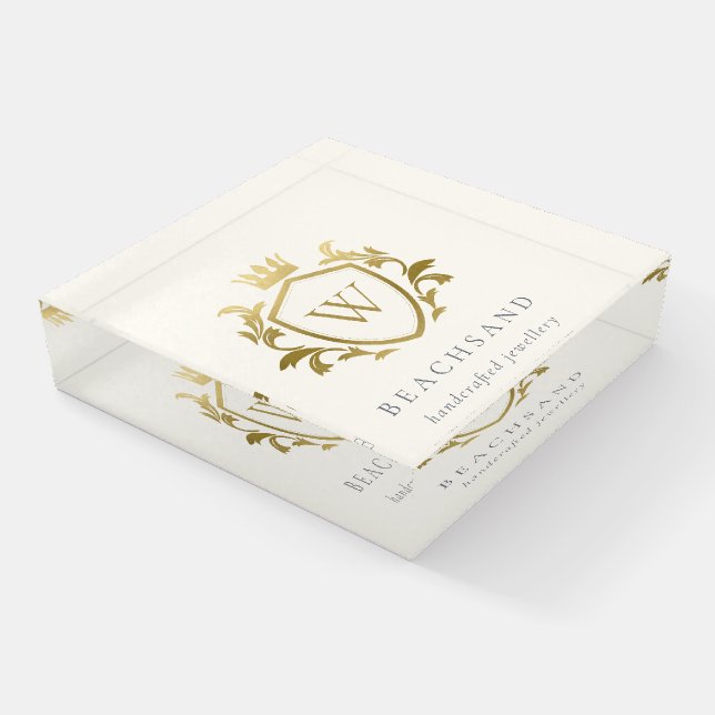 Classic Elegant Gold Monogram Floral Crown Crest Paperweight (Angled)