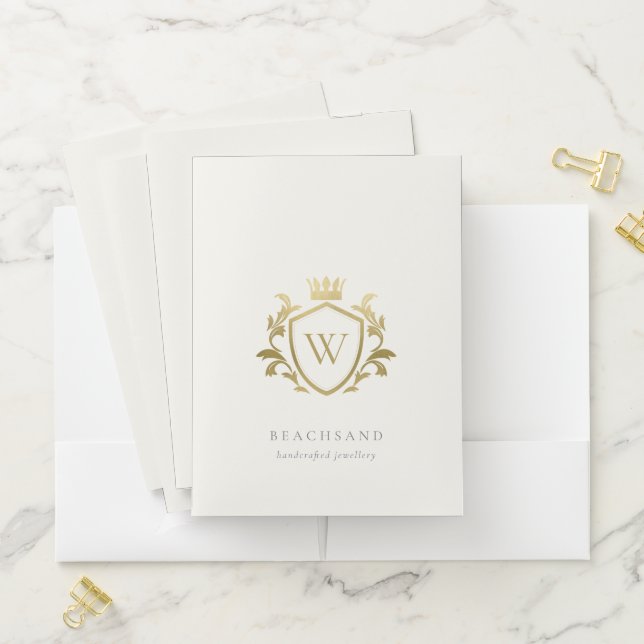 Classic Elegant Gold Monogram Floral Crown Crest Pocket Folder (In Situ)
