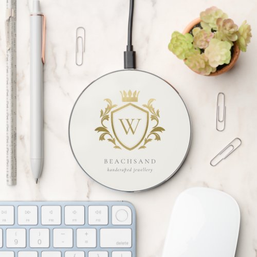 Classic Elegant Gold Monogram Floral Crown Crest Wireless Charger