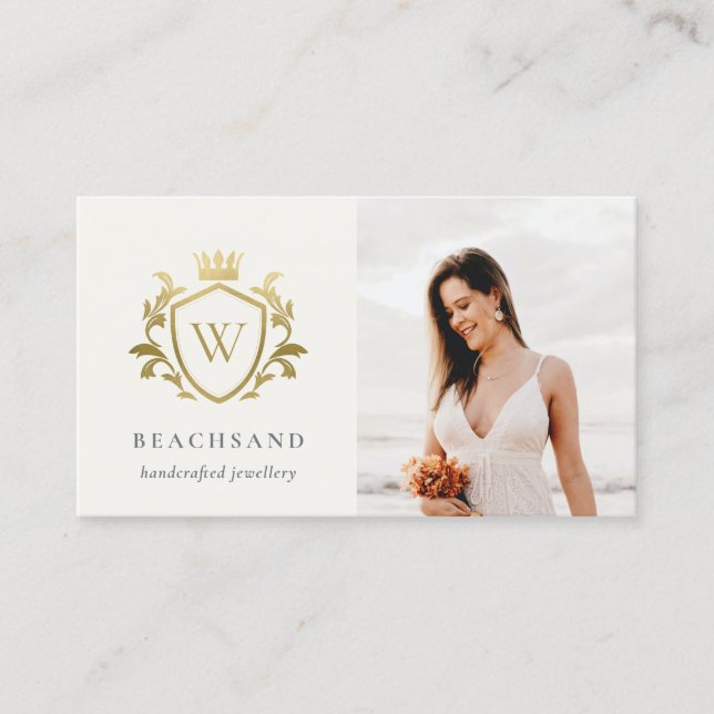 Classic Elegant Gold Monogram Floral Photo Crest Business Card (Front)