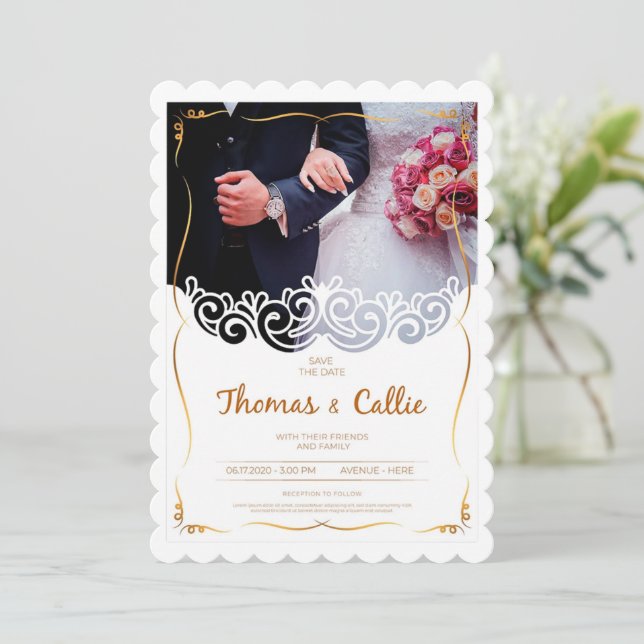 Classic Elegant Gold Photo Wedding Invitation (Standing Front)