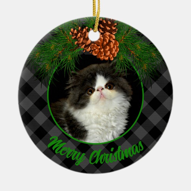 Classic elegant gray black plaid pinecone pet cat  ceramic ornament (Front)