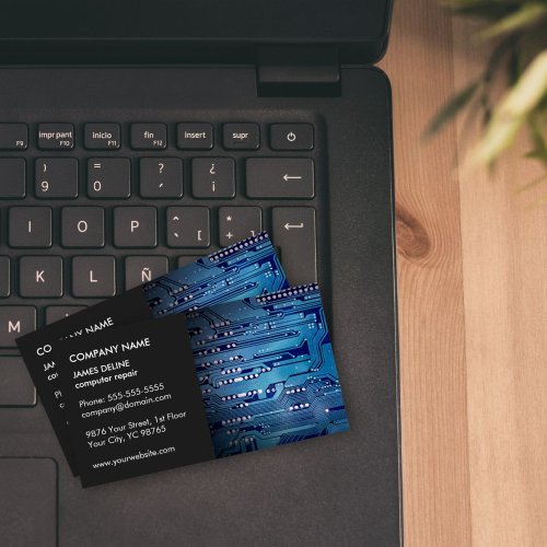 Classic Elegant Gray Blue Circuit Computer Repair Business Card